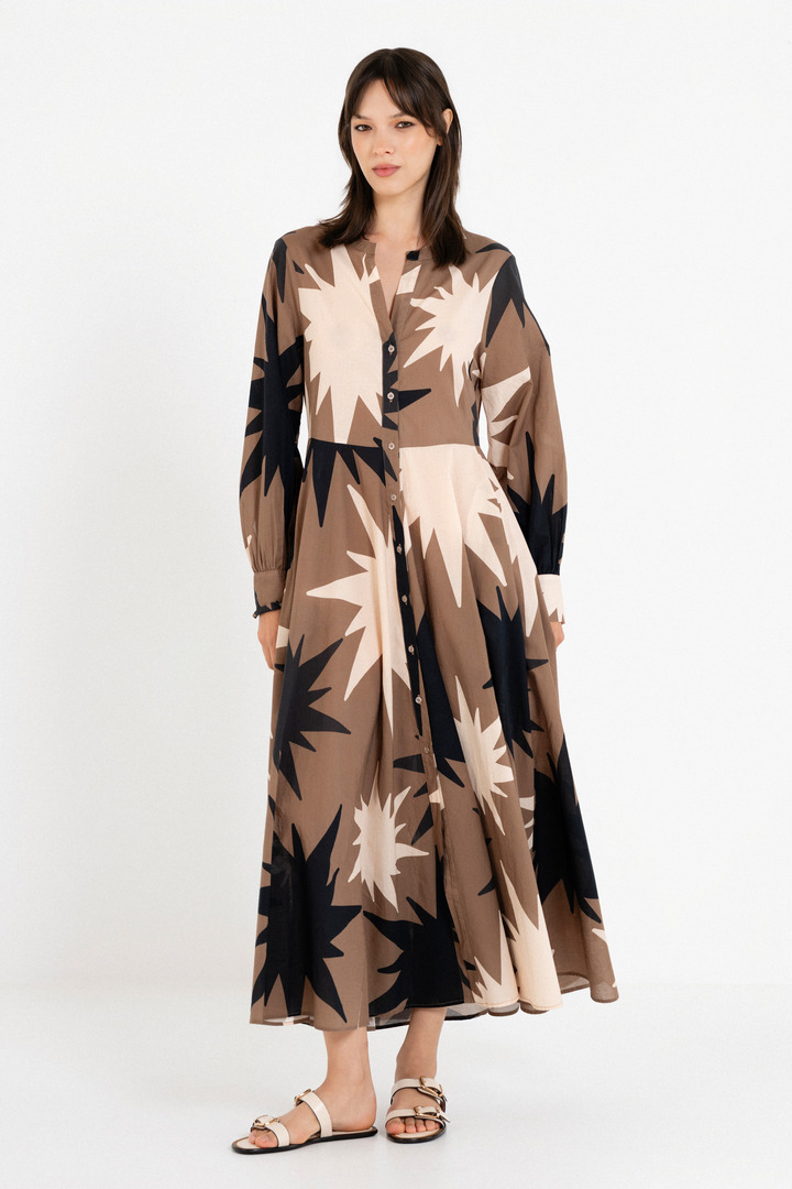 VOILE PRINT LONG SLEEVE SHIRTDRESS TAUPE