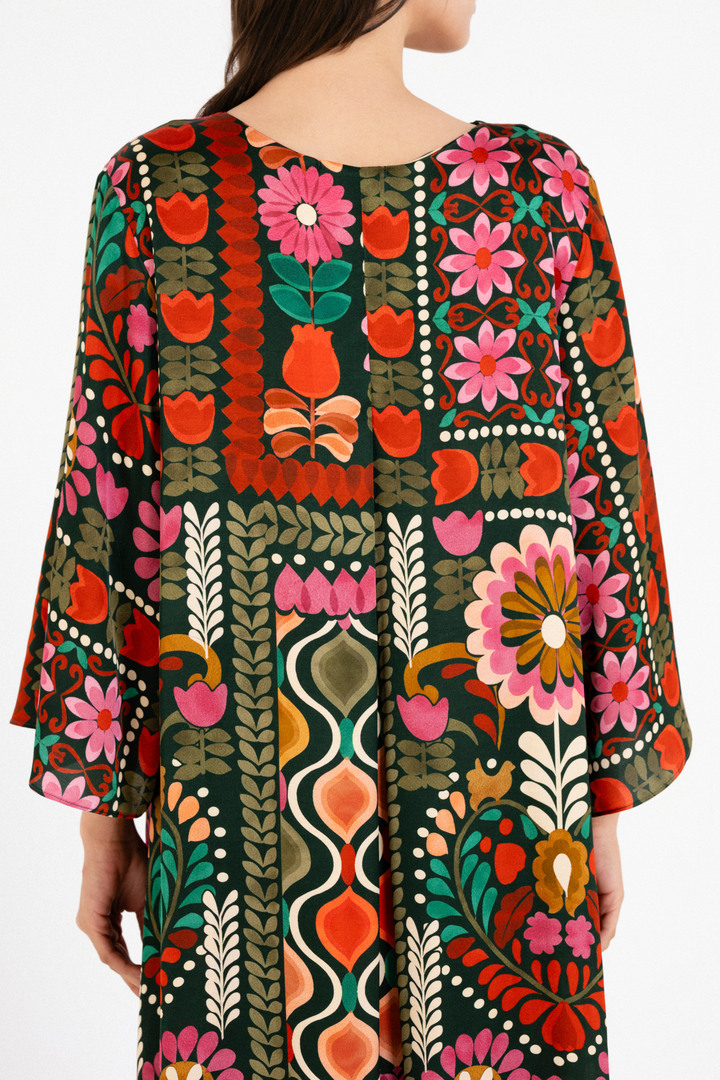 SATIN PRINT V NECK DRESS MULTICOLORED