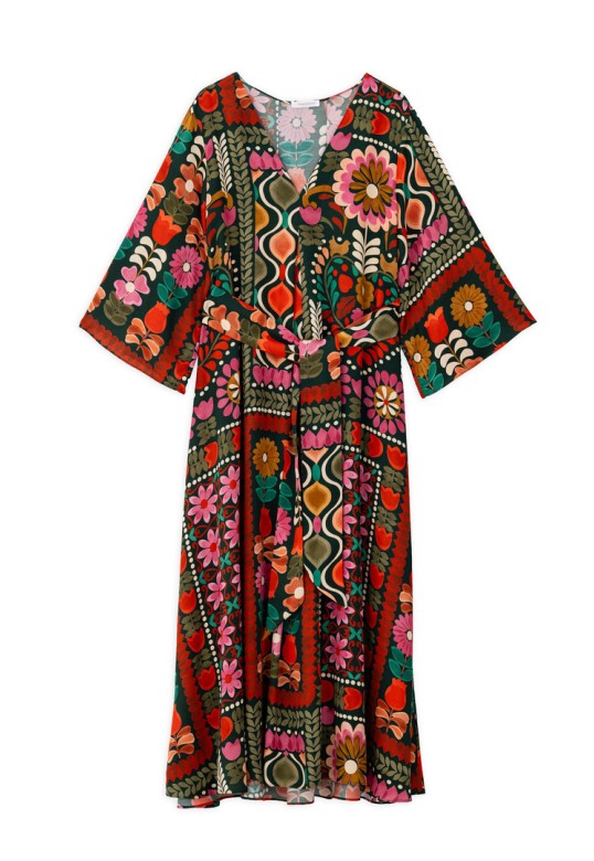 SATIN PRINT V NECK DRESS MULTICOLORED