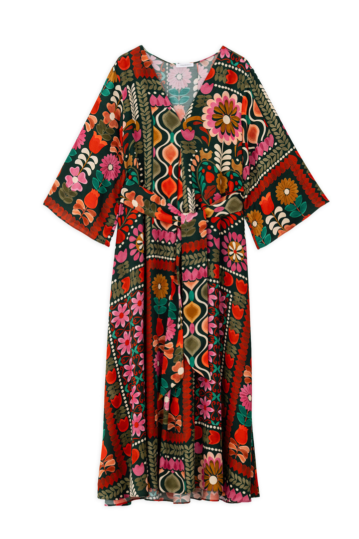 SATIN PRINT V NECK DRESS MULTICOLORED