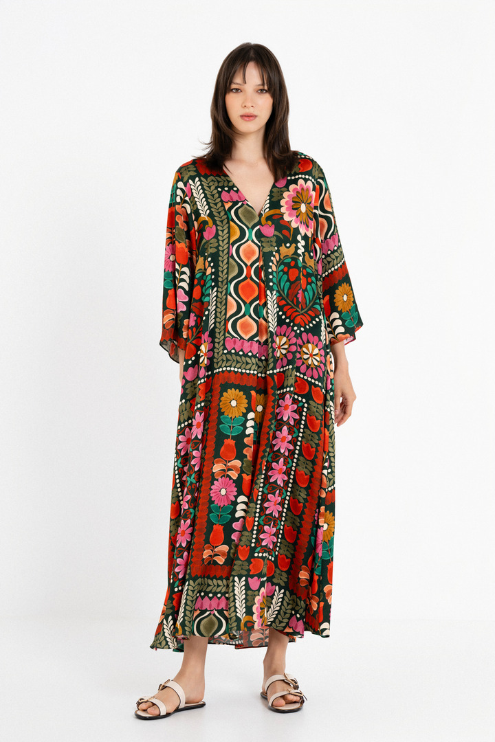 SATIN PRINT V NECK DRESS MULTICOLORED