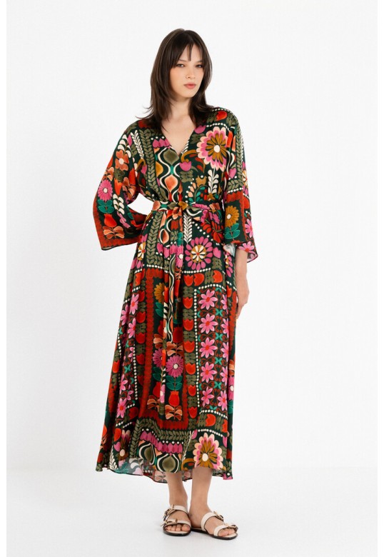 SATIN PRINT V NECK DRESS MULTICOLORED