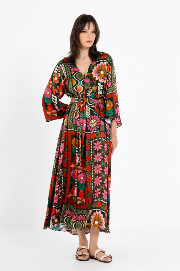SATIN PRINT V NECK DRESS MULTICOLORED