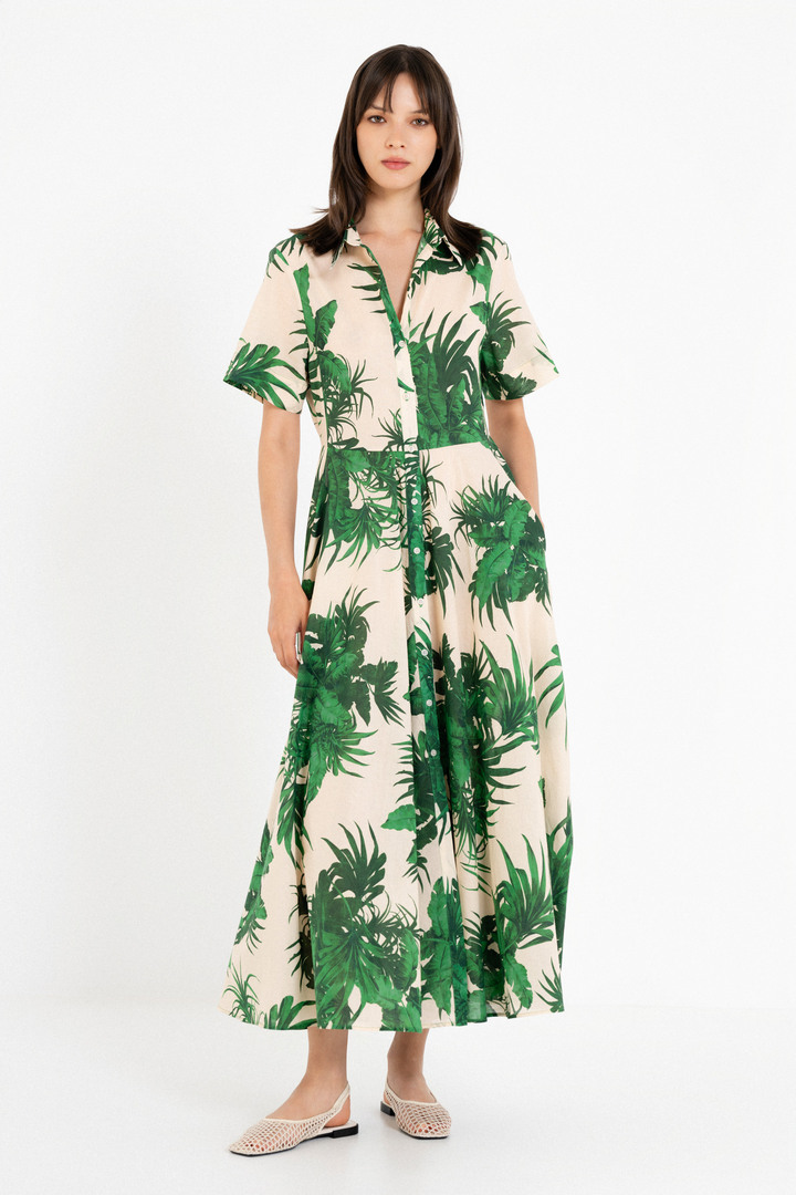 VOILE PRINT SHORT SLEEVE DRESS GREEN