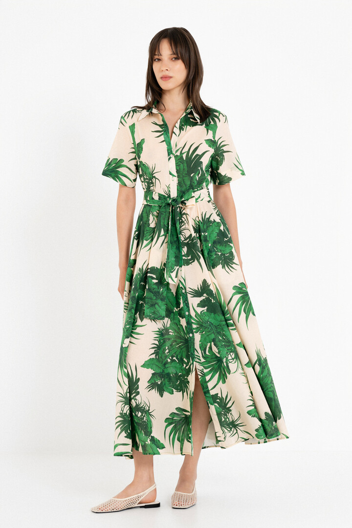 VOILE PRINT SHORT SLEEVE DRESS GREEN