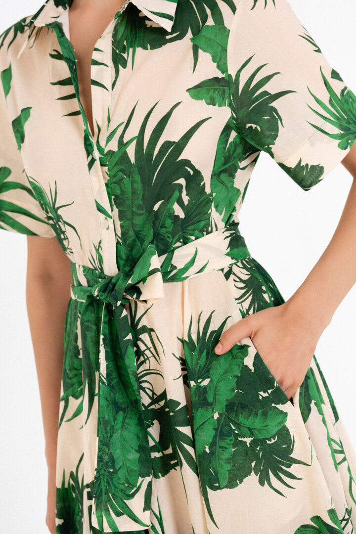 VOILE PRINT SHORT SLEEVE DRESS GREEN