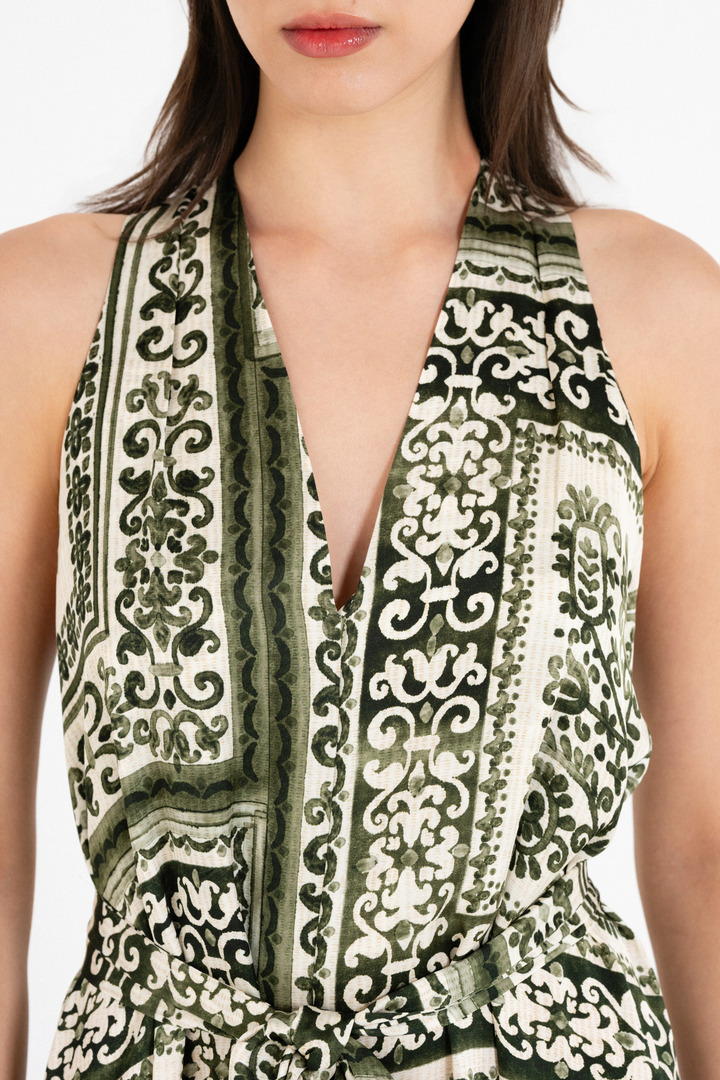 SATIN PRINT V NECK DRESS GREEN