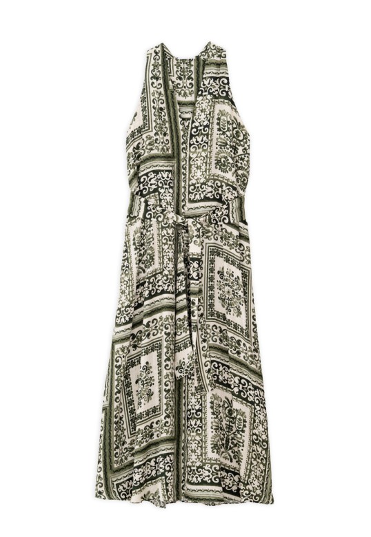 SATIN PRINT V NECK DRESS GREEN