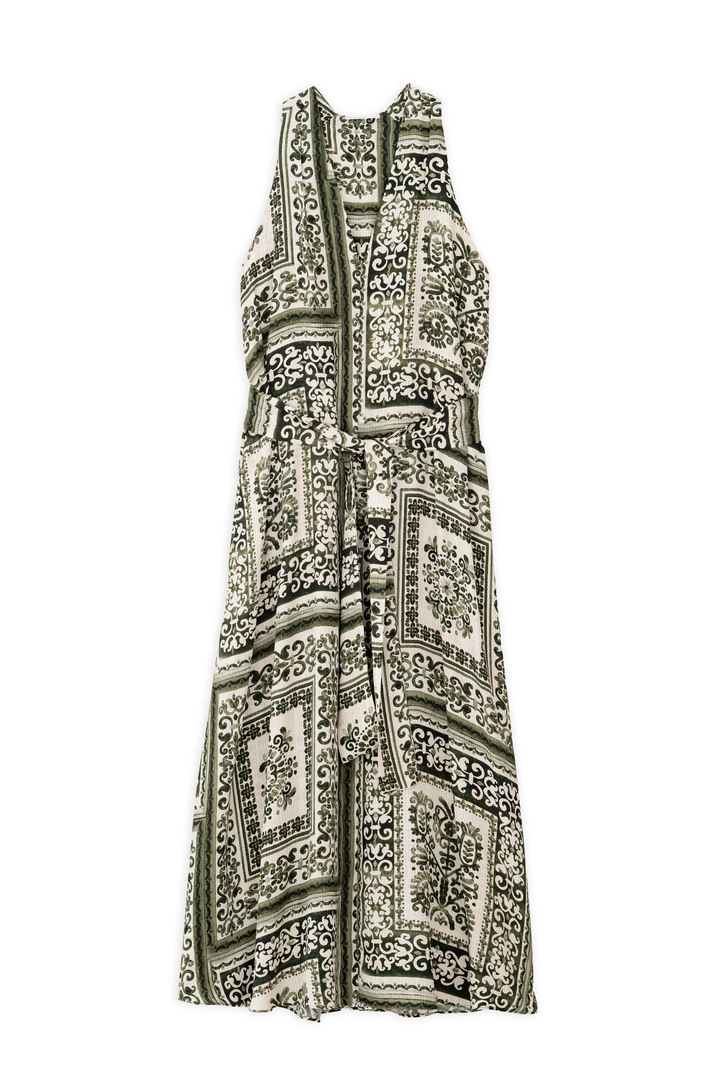 SATIN PRINT V NECK DRESS GREEN