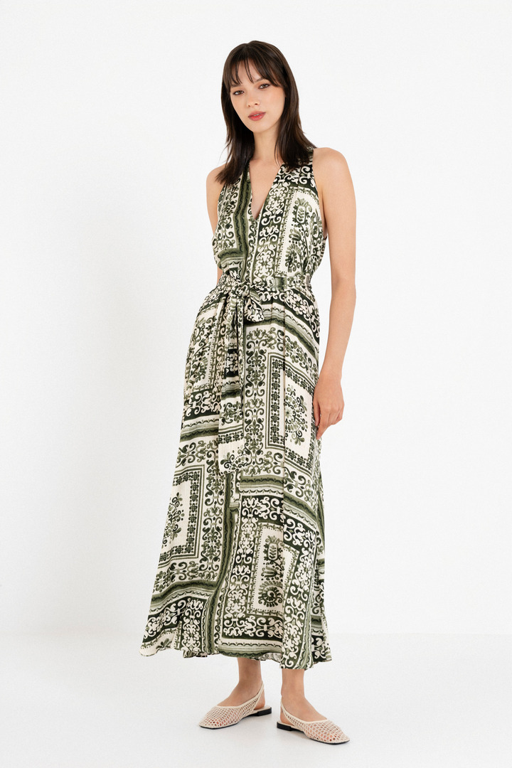 SATIN PRINT V NECK DRESS GREEN