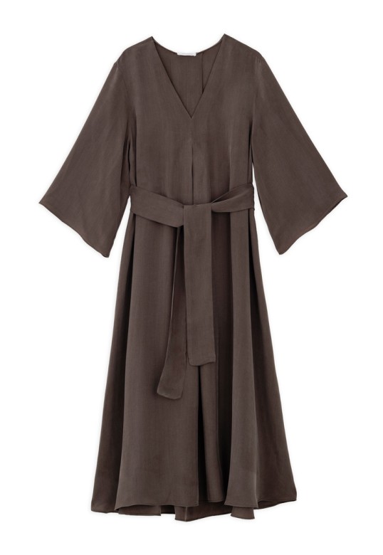 CUPRO V NECK DRESS BROWN