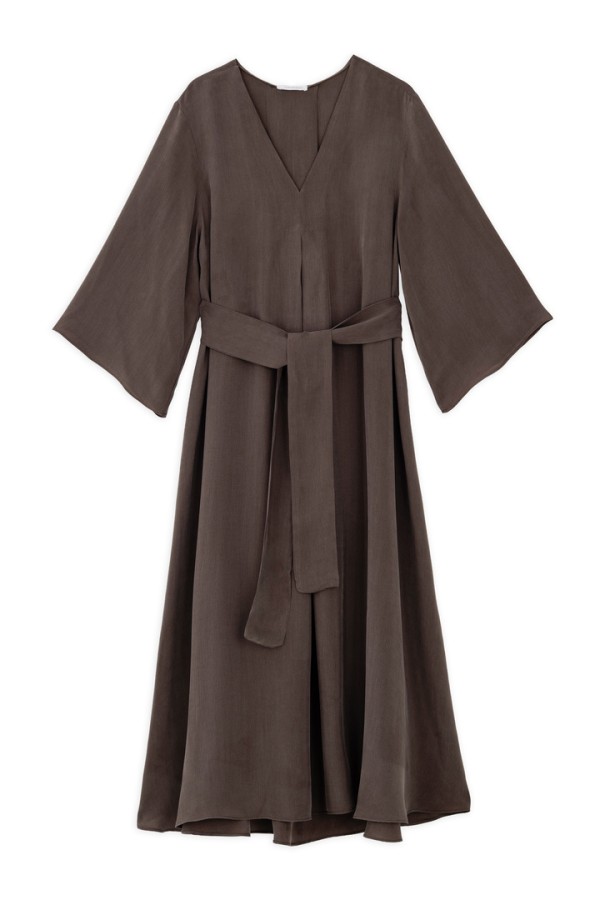 CUPRO V NECK DRESS BROWN