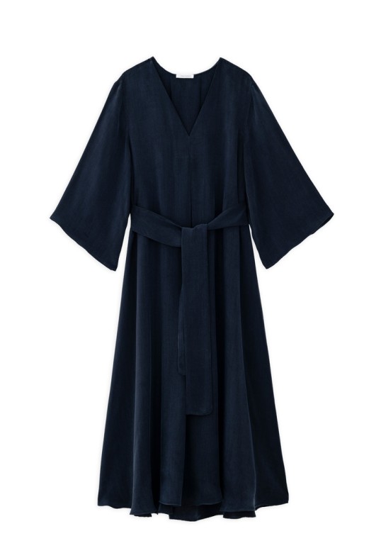 CUPRO V NECK DRESS DARK BLUE