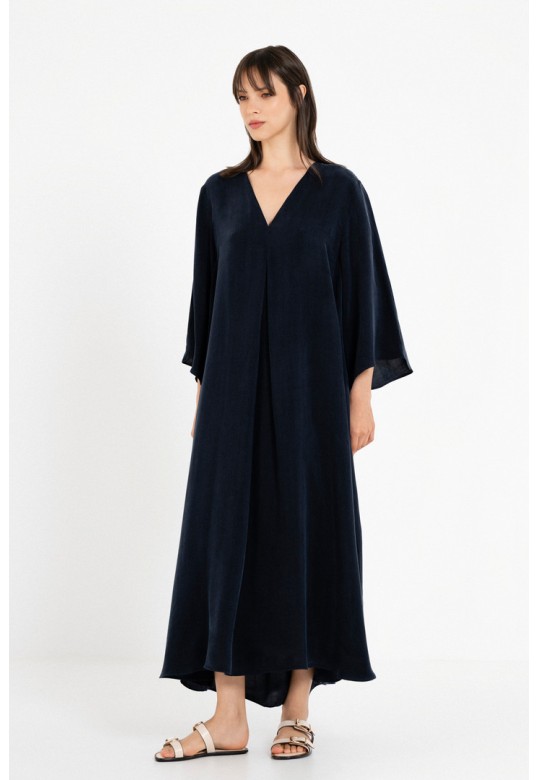 CUPRO V NECK DRESS DARK BLUE