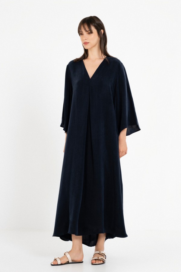 CUPRO V NECK DRESS DARK BLUE