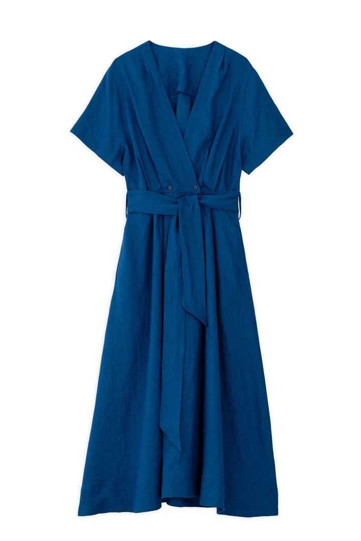 LINEN WRAP DRESS BLUE