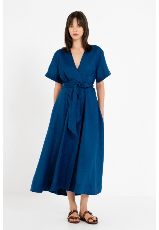 LINEN WRAP DRESS BLUE