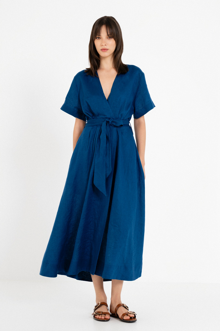 LINEN WRAP DRESS BLUE
