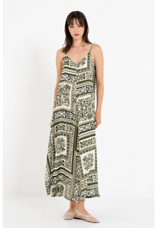 SATIN PRINT SLIP DRESS GREEN