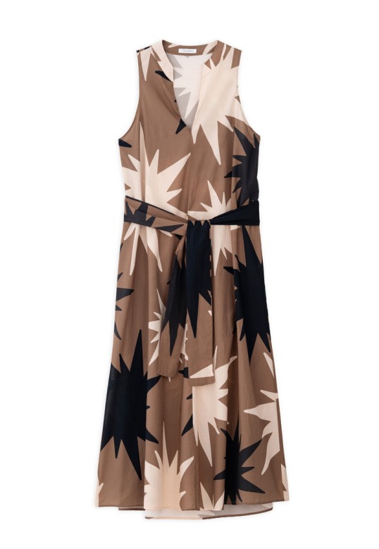 VOILE PRINT HALTER NECK DRESS TAUPE