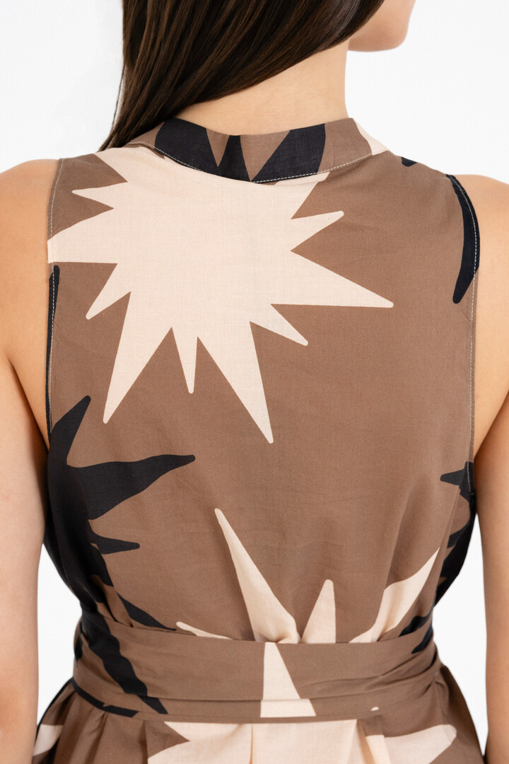 VOILE PRINT HALTER NECK DRESS TAUPE