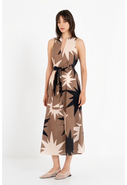 VOILE PRINT HALTER NECK DRESS TAUPE
