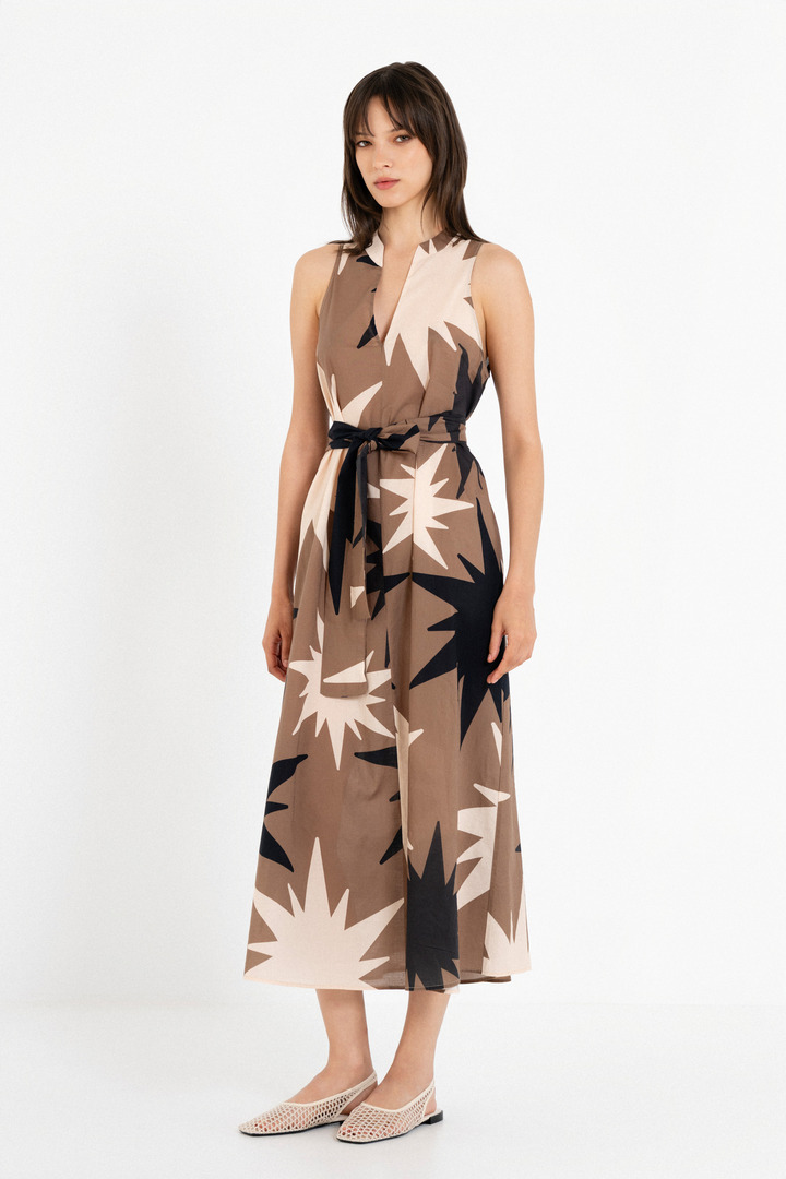 VOILE PRINT HALTER NECK DRESS TAUPE