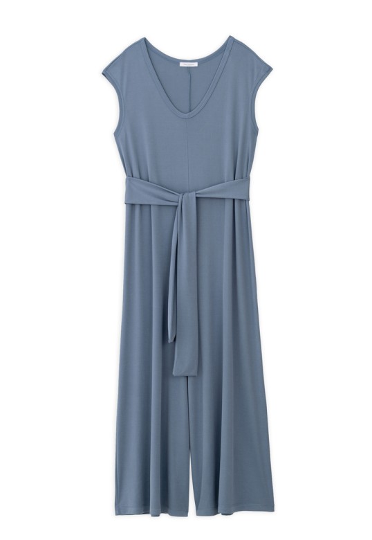 RIB V NECK JUMPSUIT DUSTY BLUE