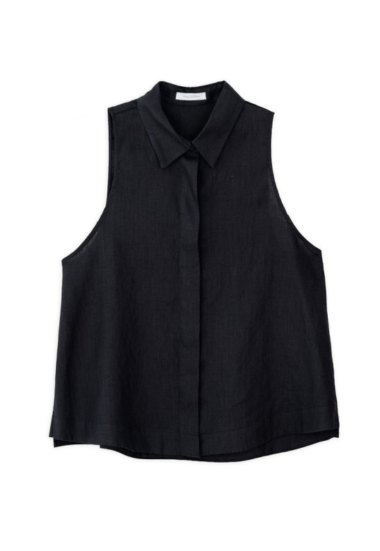 LINEN HALTER NECK CROPPED SHIRT BLACK