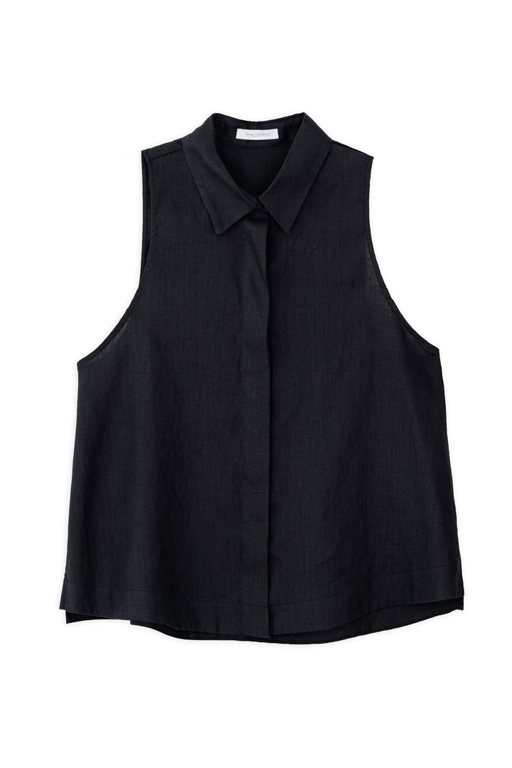 LINEN HALTER NECK CROPPED SHIRT BLACK