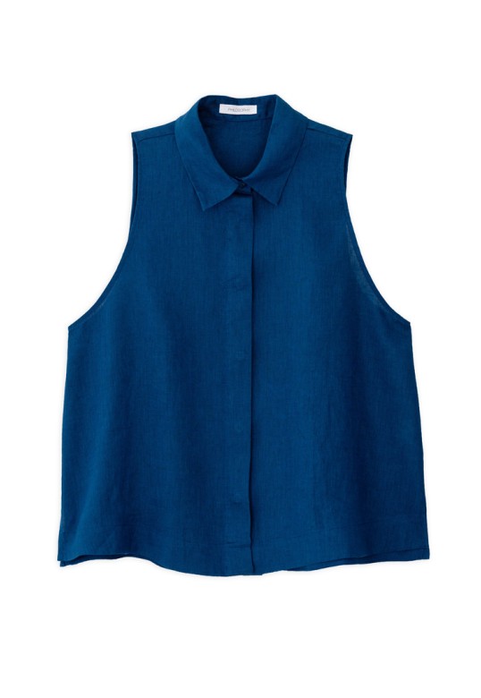 LINEN HALTER NECK CROPPED SHIRT BLUE