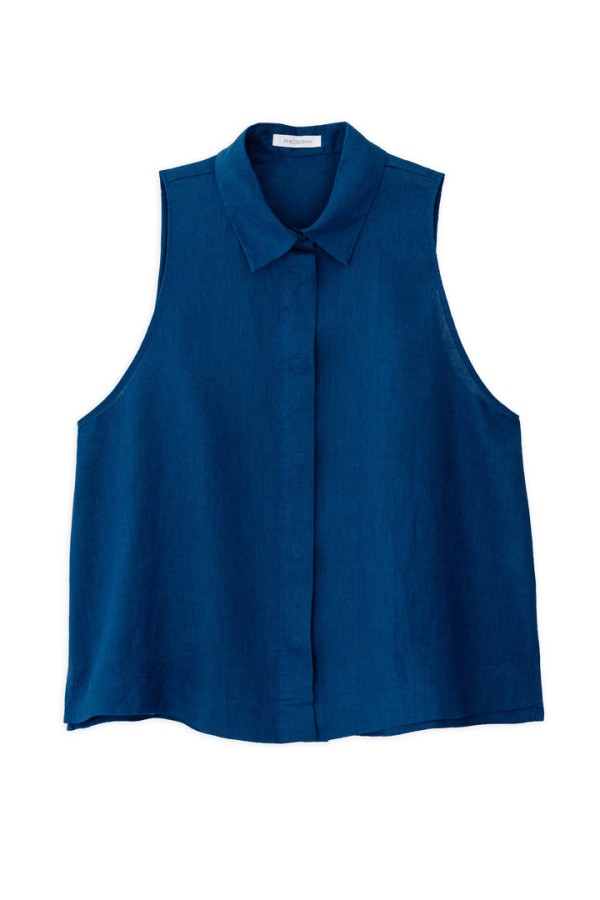 LINEN HALTER NECK CROPPED SHIRT BLUE