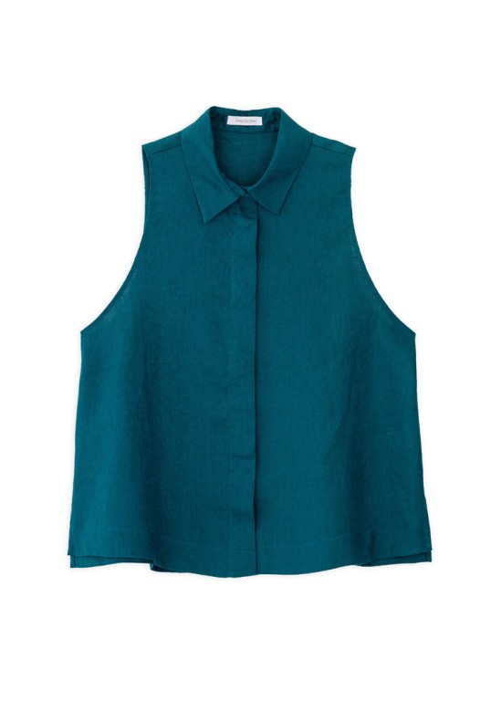 LINEN HALTER NECK CROPPED SHIRT EMERALD
