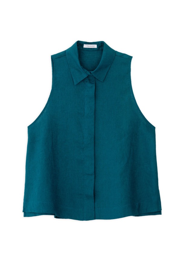 LINEN HALTER NECK CROPPED SHIRT EMERALD