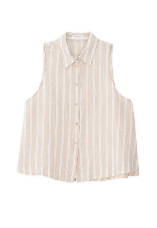 LINEN STRIPES CROPPED SHIRT BEIGE