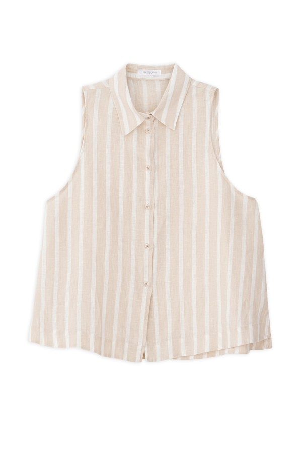 LINEN STRIPES CROPPED SHIRT BEIGE