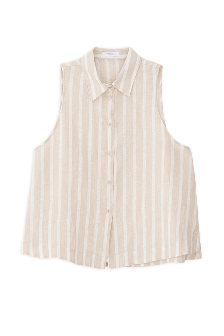 LINEN STRIPES CROPPED SHIRT BEIGE