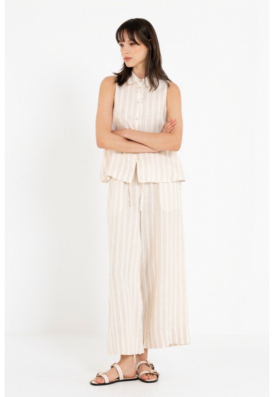 LINEN STRIPES CROPPED SHIRT BEIGE