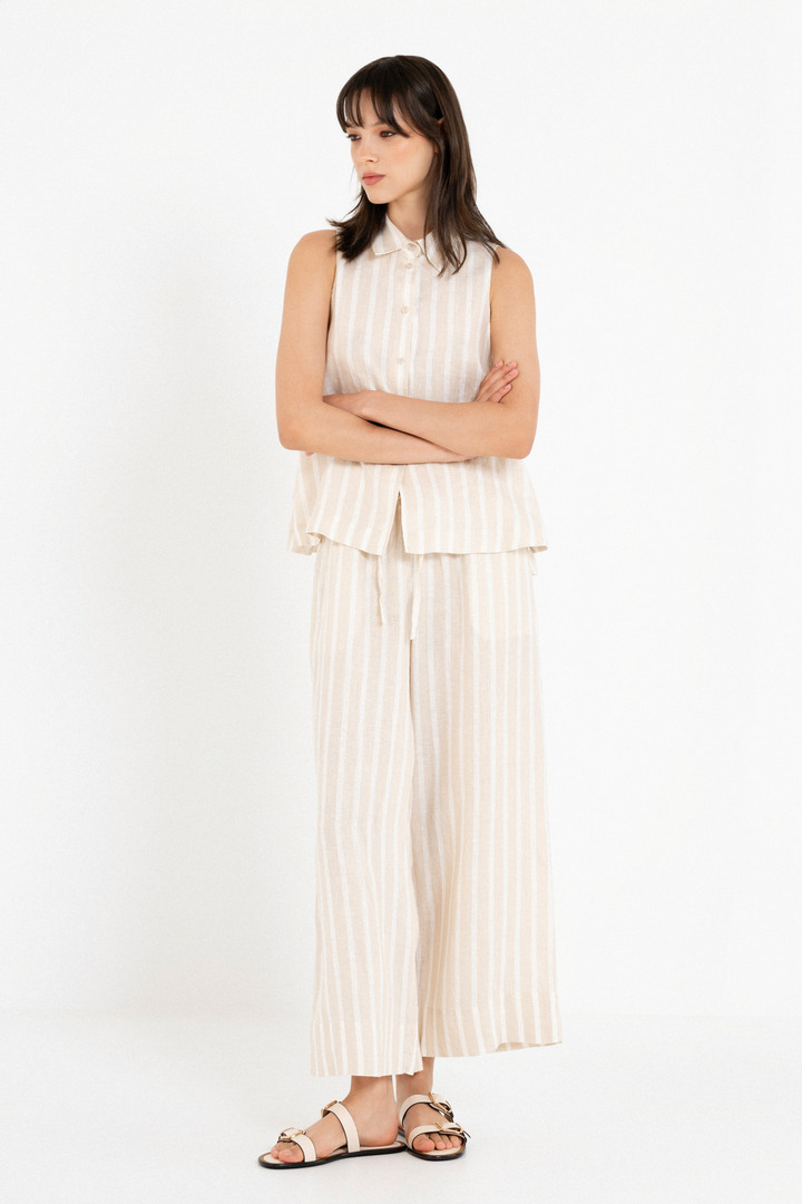 LINEN STRIPES CROPPED SHIRT BEIGE