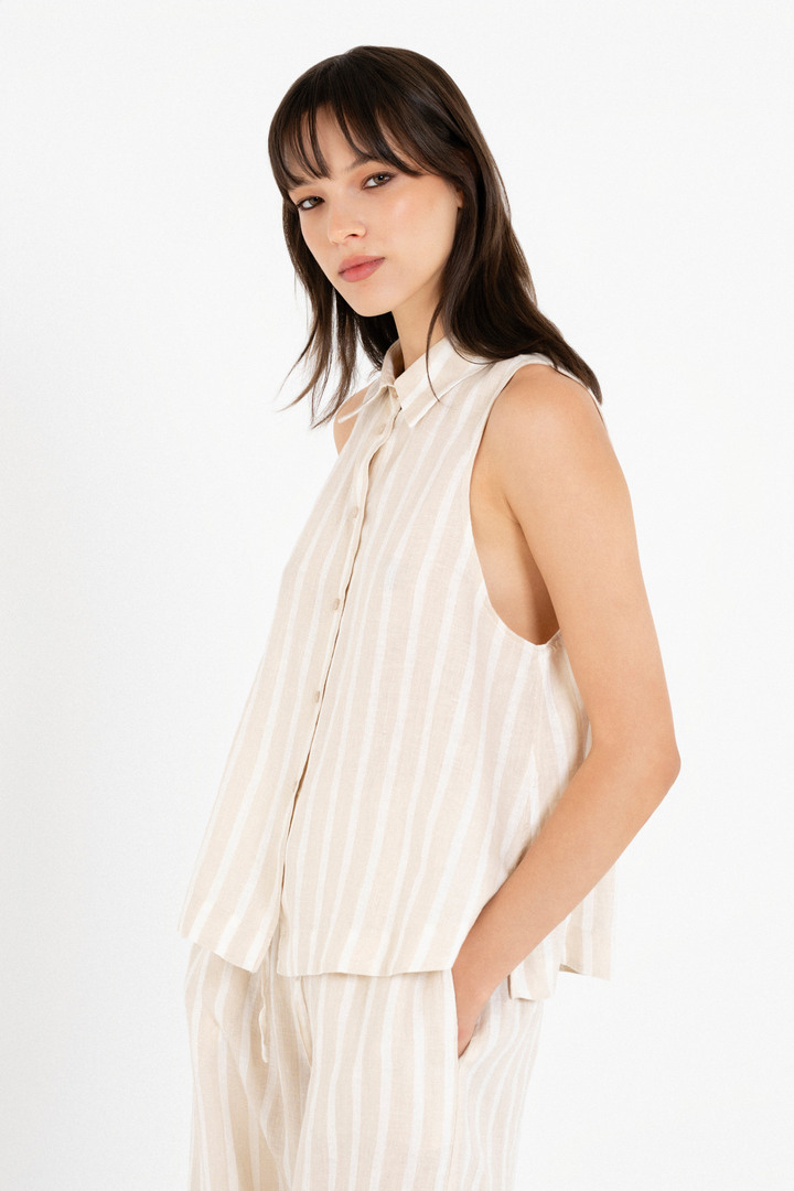 LINEN STRIPES CROPPED SHIRT BEIGE