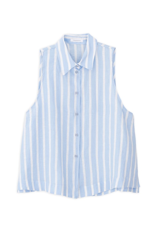 LINEN STRIPES CROPPED SHIRT CIEL