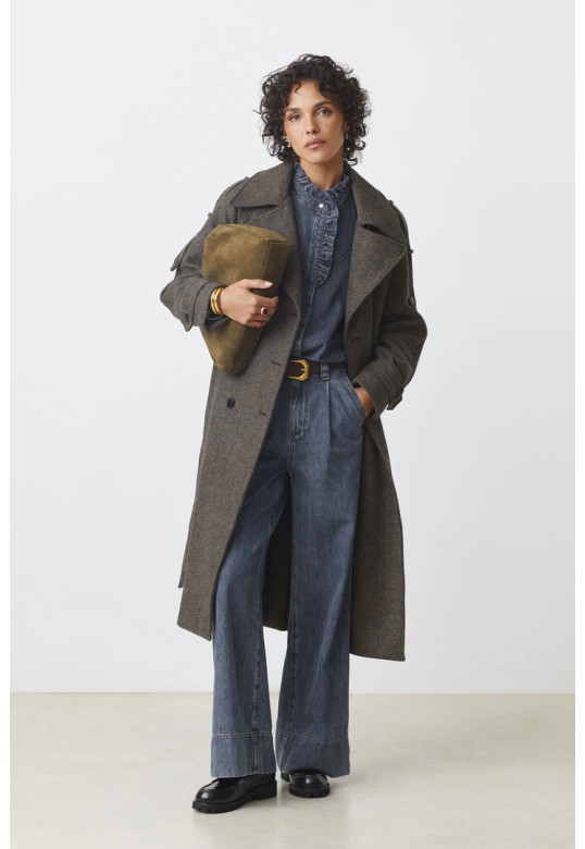 Emo Long woollen coat with belt Chocolate