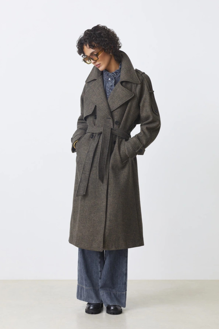 Emo Long woollen coat with belt Chocolate