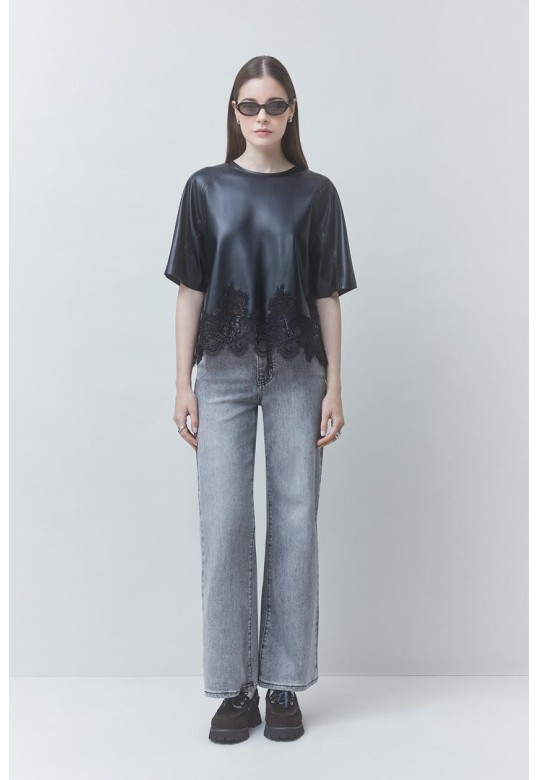 LONDON faux leather blouse with lace details Black