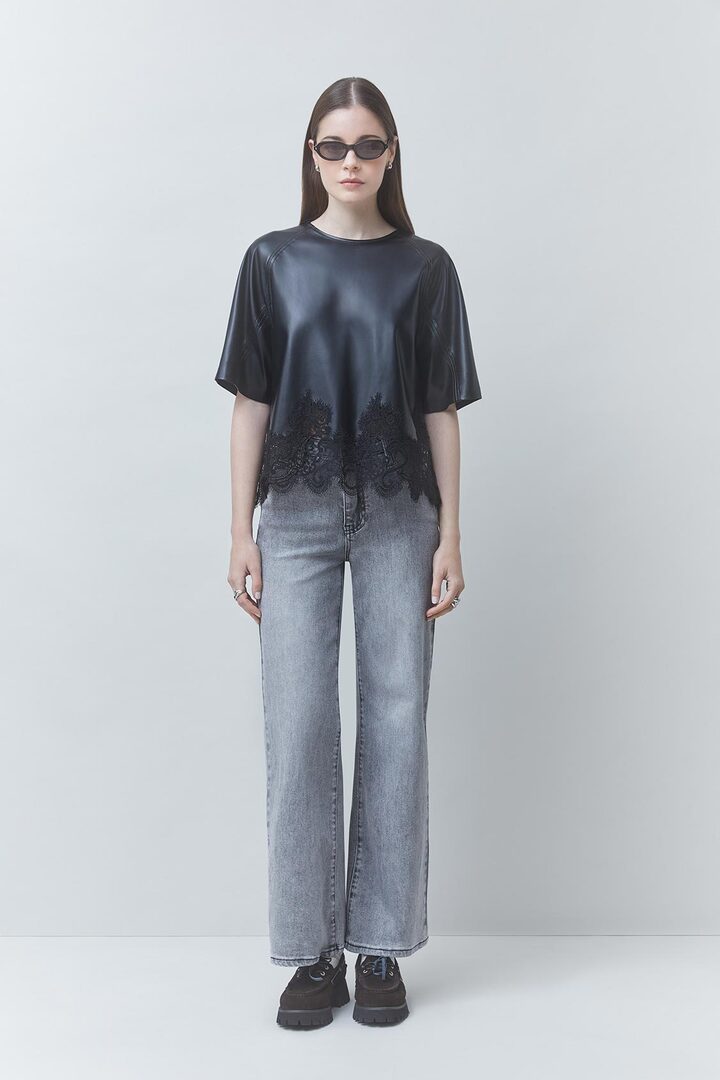 LONDON faux leather blouse with lace details Black