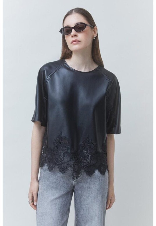 LONDON faux leather blouse with lace details Black