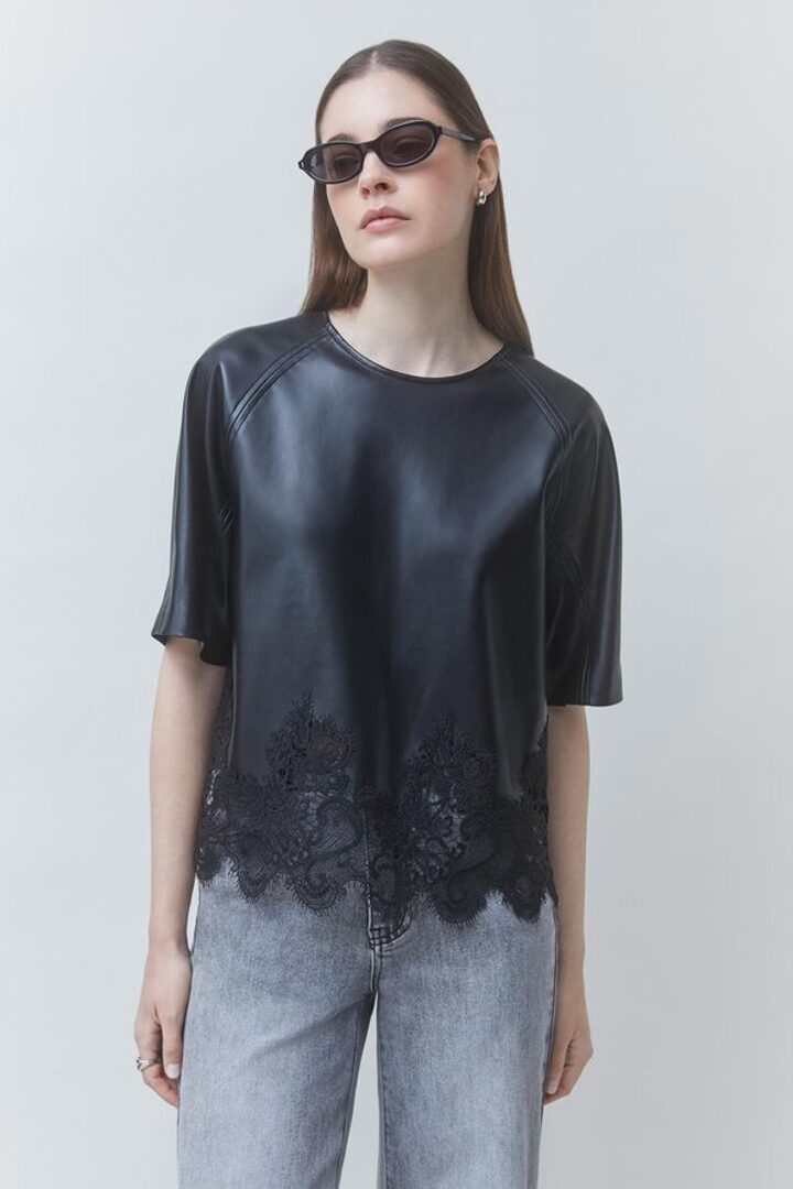 LONDON faux leather blouse with lace details Black