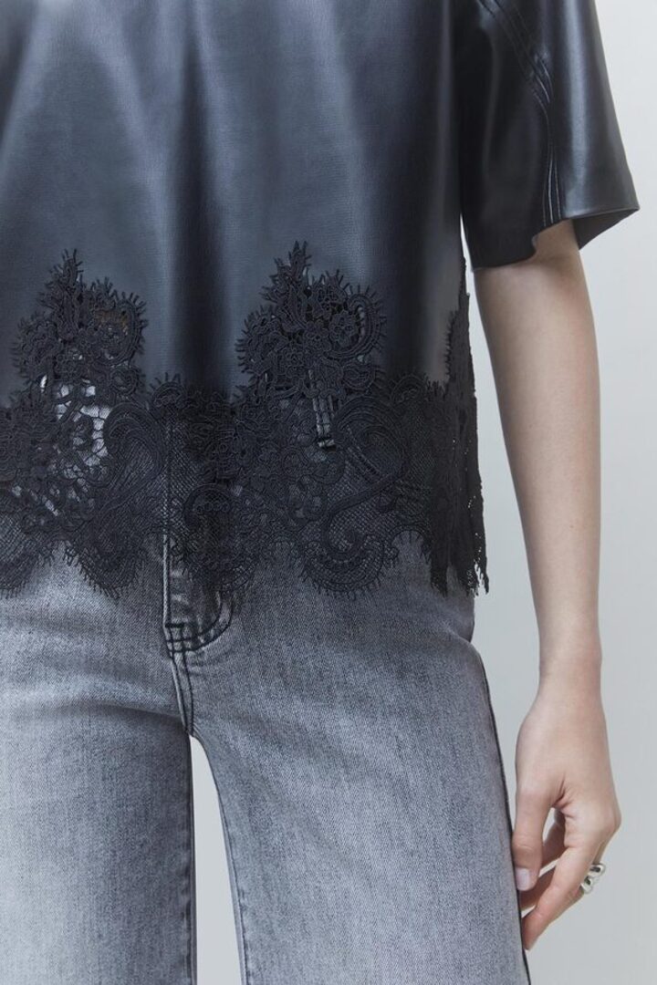 LONDON faux leather blouse with lace details Black