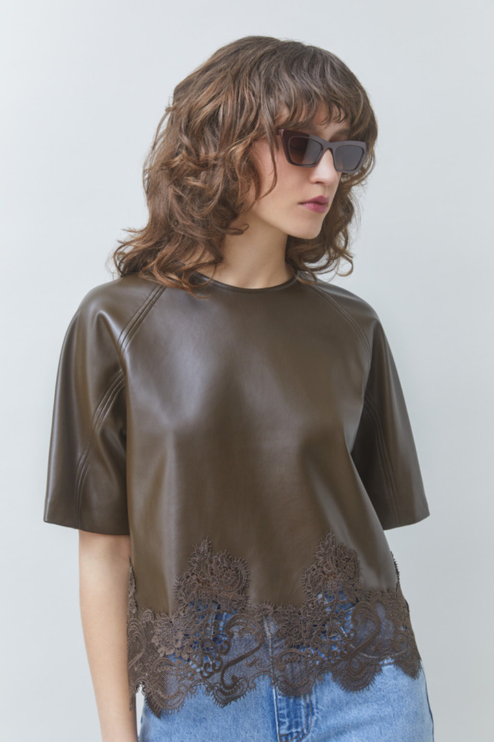 LONDON faux leather blouse with lace details Khaki