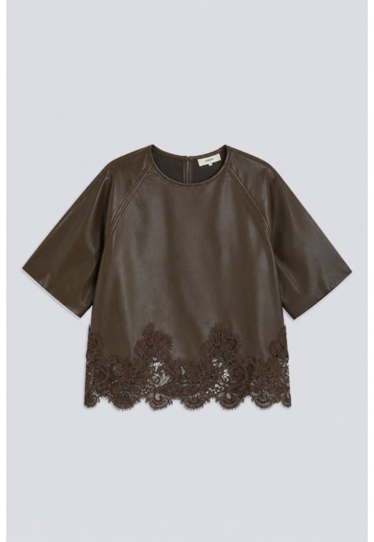 LONDON faux leather blouse with lace details Khaki